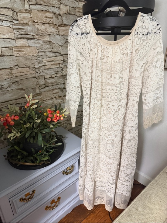 New Collection Dresses & Skirts - Women's Cream Italian Lace Maxi Dress - Elegant Crochet Style